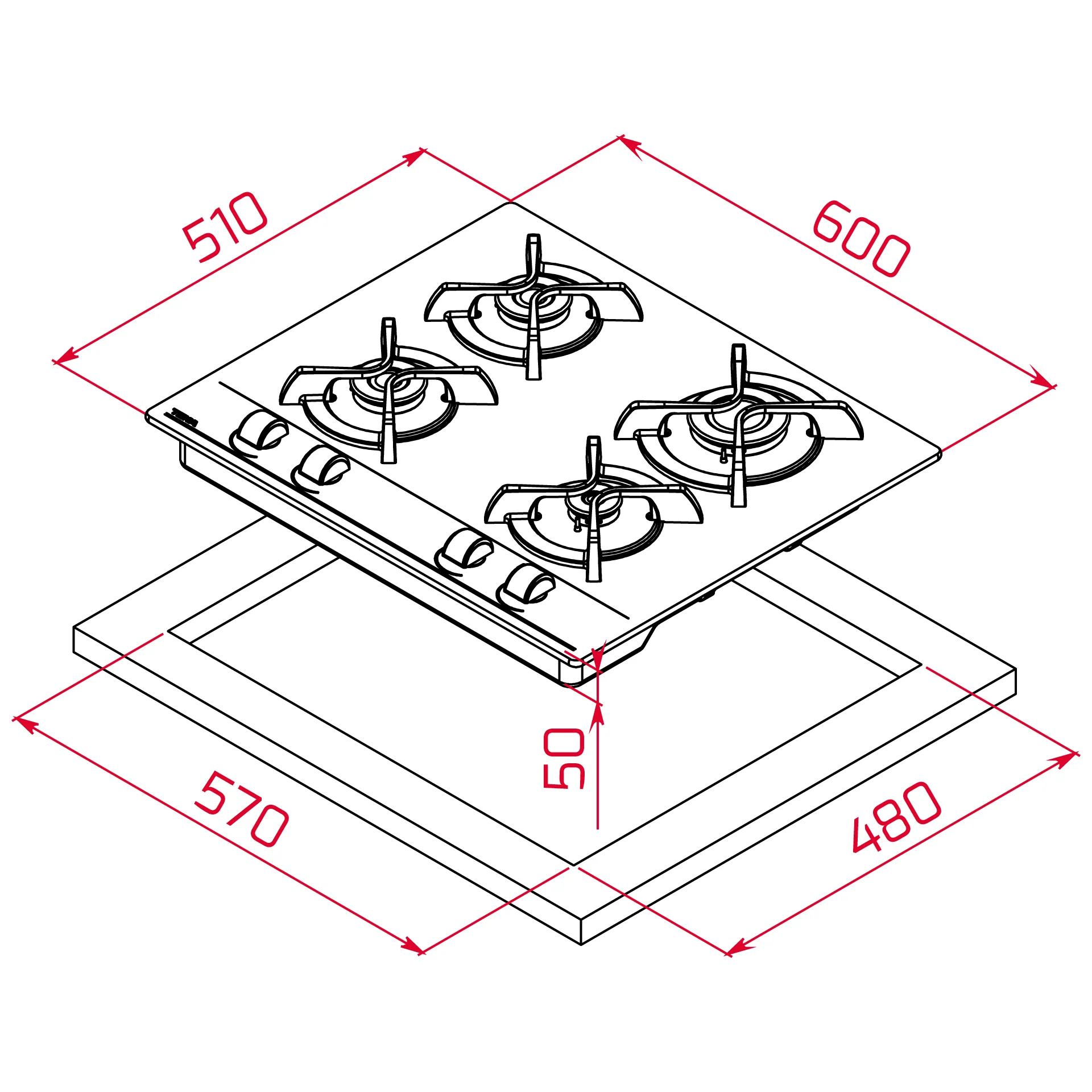 Placa Cristal Gas GBC 64000 de 60 cm con mandos frontales ergonómicos de gas butano - Image 3