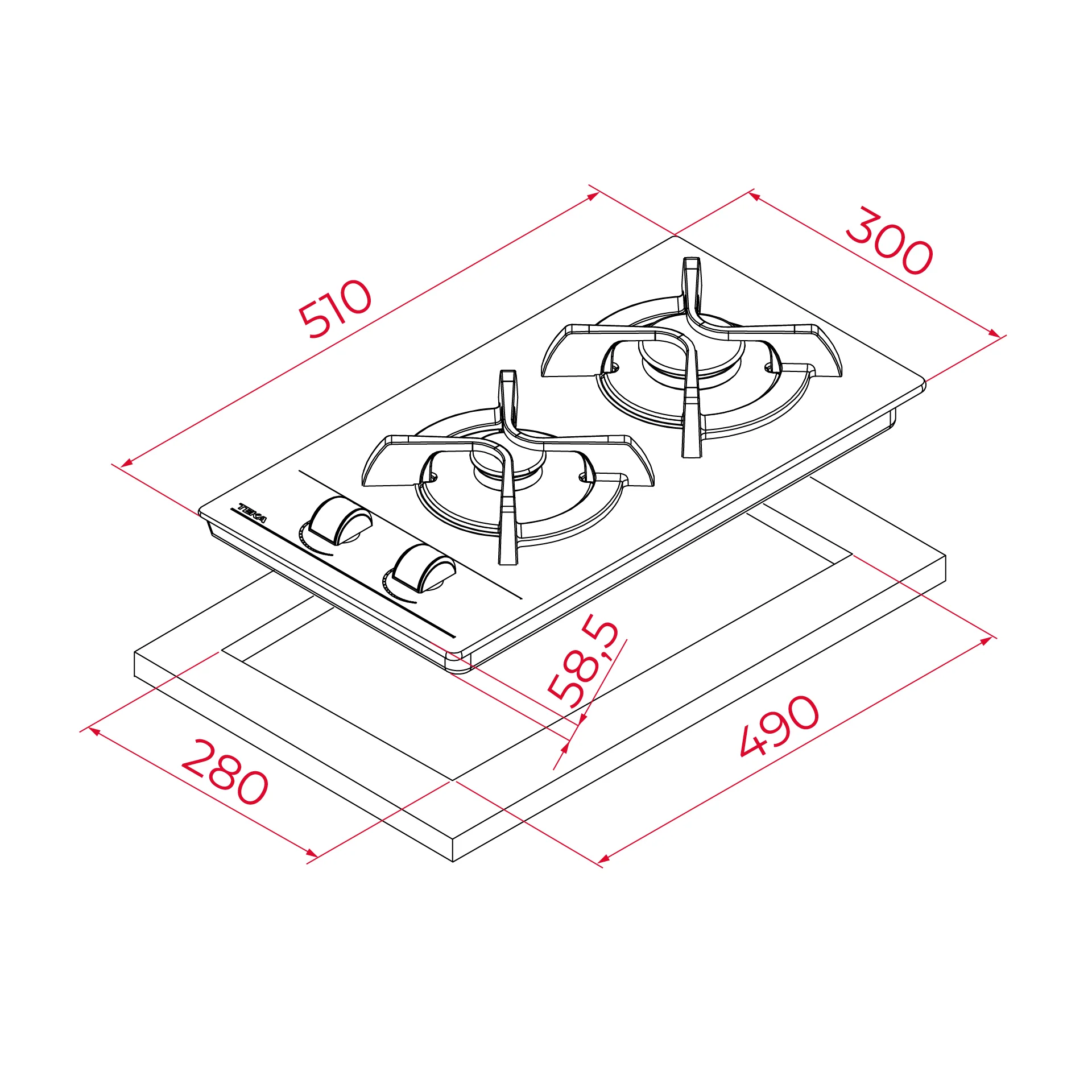 Placa modular Cristal Gas GBC 32000 KL de 30 cm con dos quemadores, mandos frontales ergonómicos de gas natural - Image 3